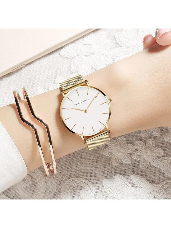 Womens White And Rose Gold Stainless Steel Mesh Strap Minimalist Slim Dial Watch main image 6